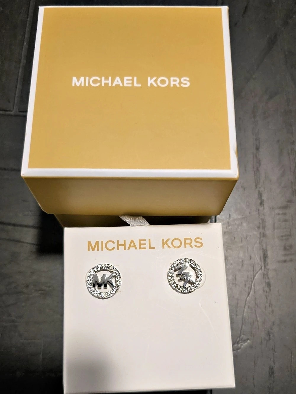 Michael Kors Silver-Tone Pavé Crystal MK Logo Stud Earrings